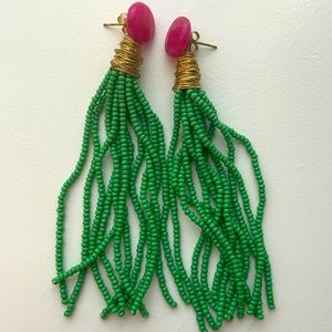 Pink and Green Beaded Tassel Earrings